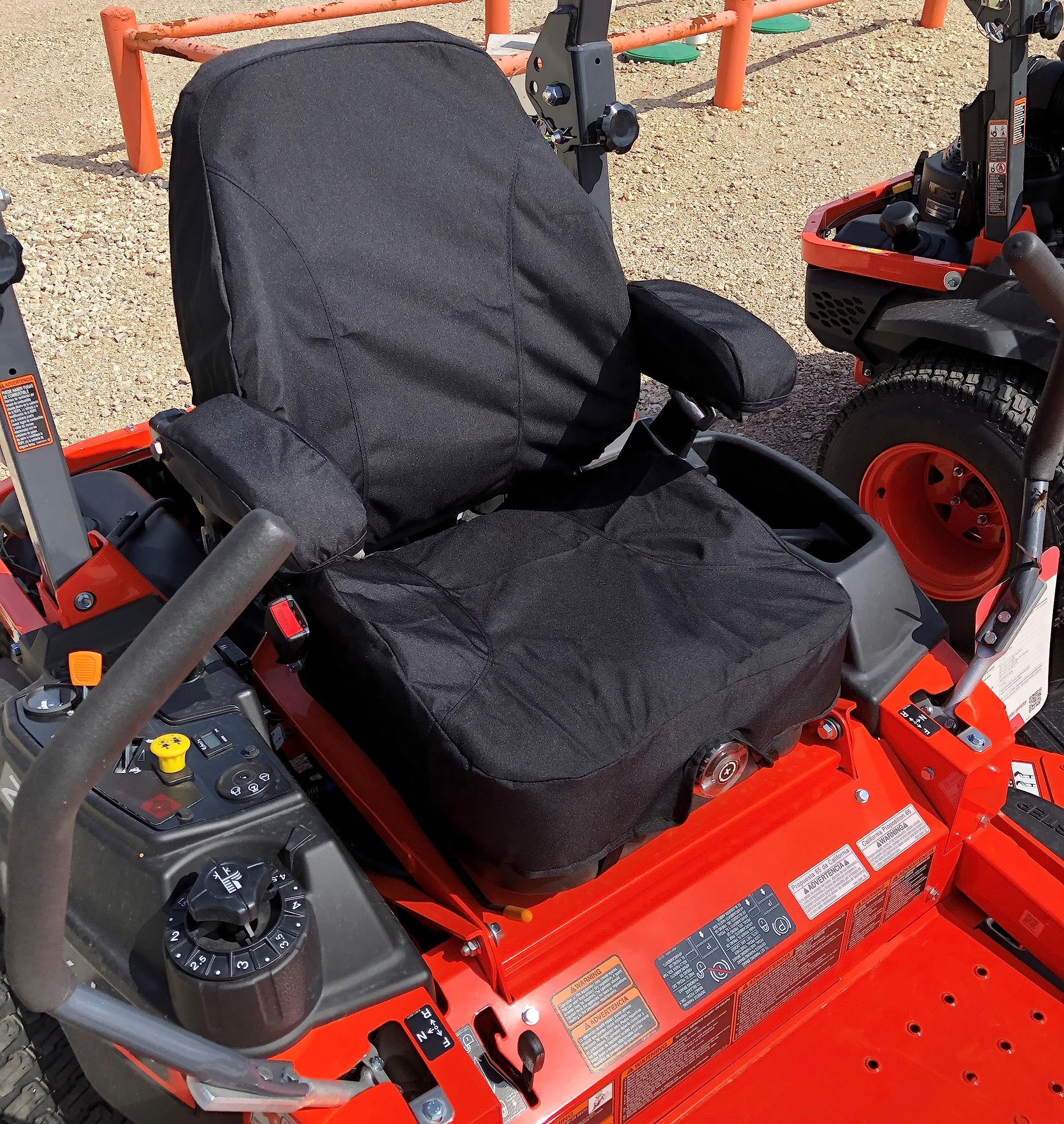 Durafit two-piece seat with armrests for Kubota and Kioti mowers, easy care.