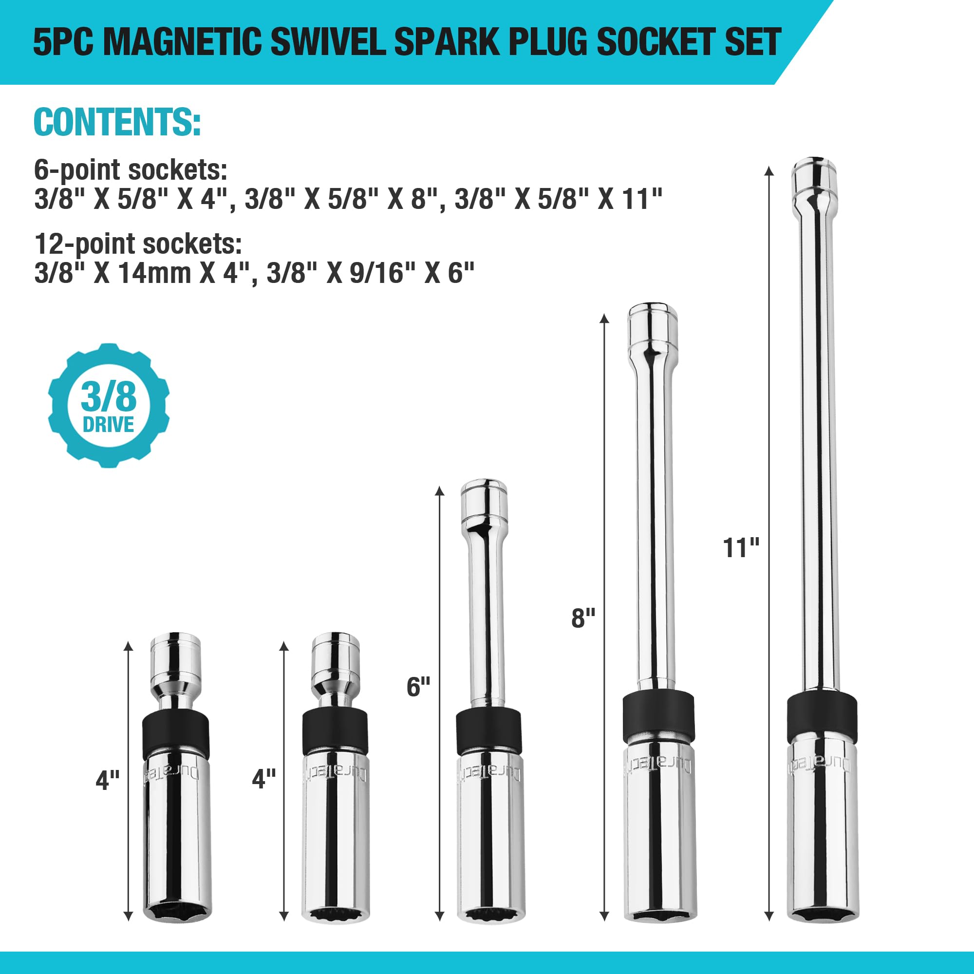 DURATECH 8in swivel magnetic spark plug socket improves access in tight spaces