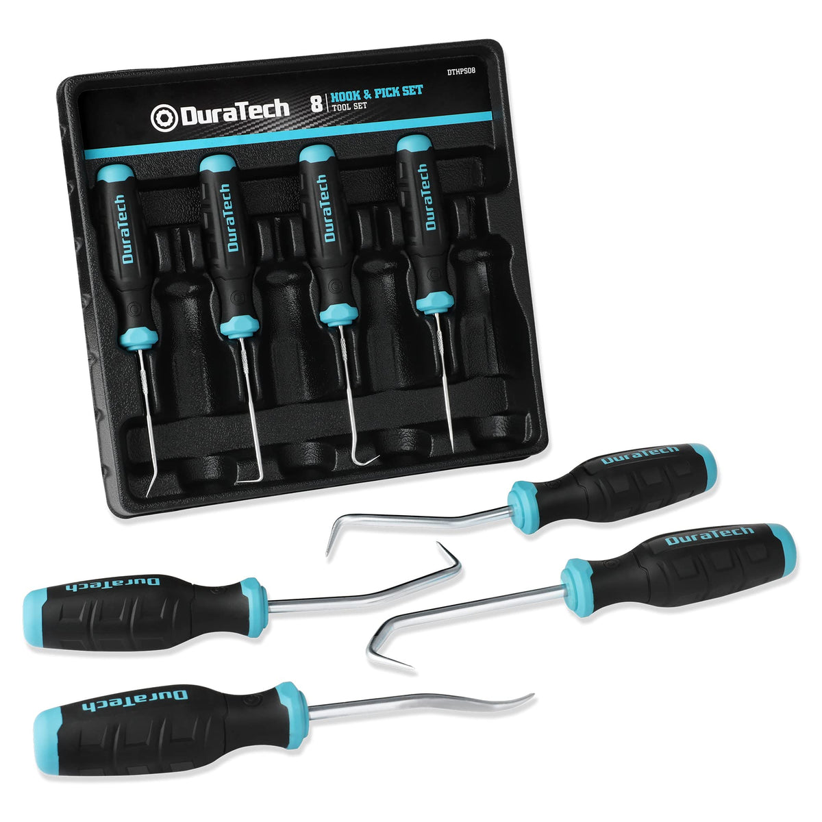 Duratech 8-piece hook and pick set in storage tray for organized repair work