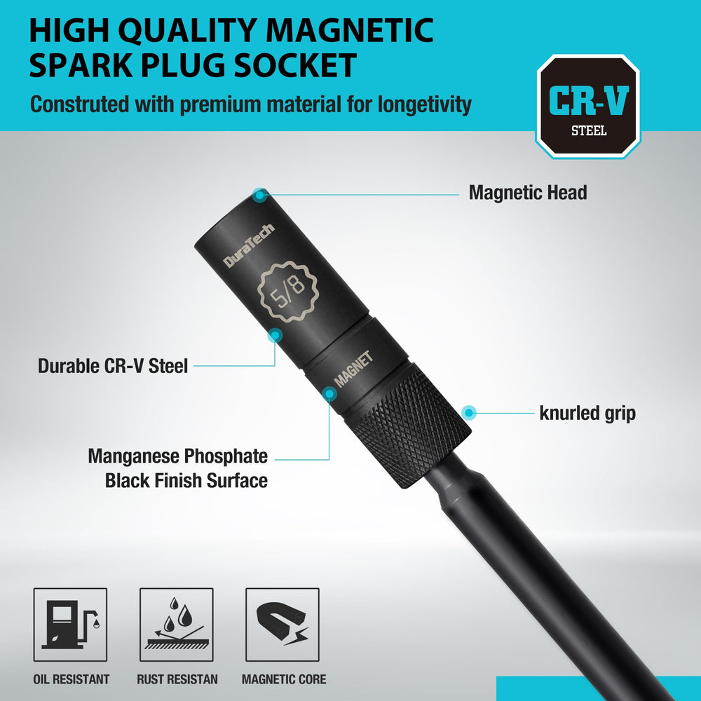 DURATECH CR-V steel spark plug socket with manganese phosphate coating resists corrosion.