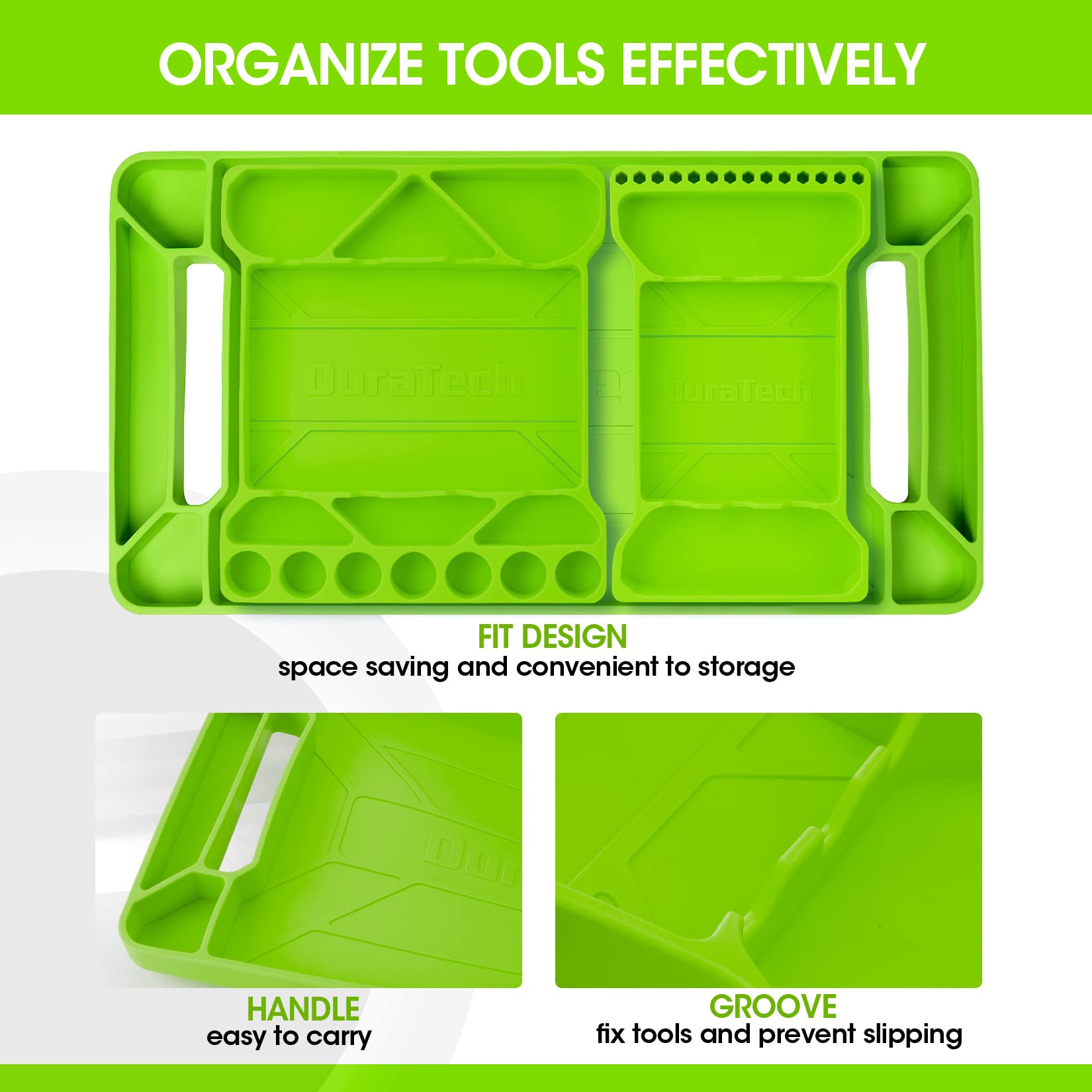 DURATECH silicone tray resists slipping on uneven surfaces for stable tool layouts