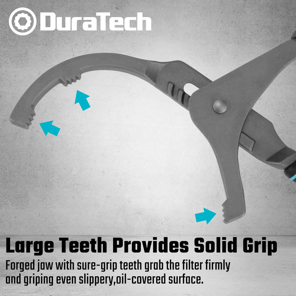 Close-up of serrated teeth gripping oily filters securely