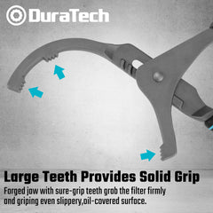Close-up of serrated teeth gripping oily filters securely
