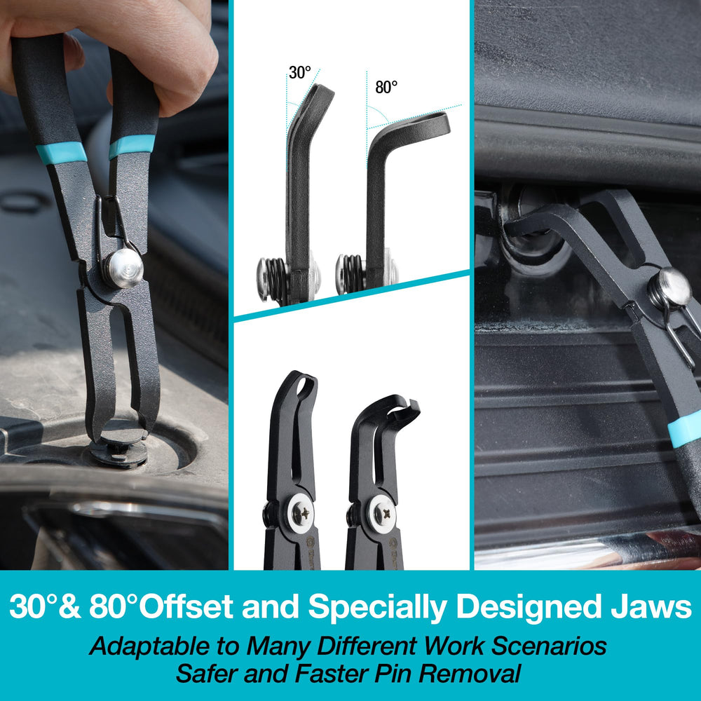 DURATECH push pin pliers with 80-degree jaws for deep-set fasteners access.