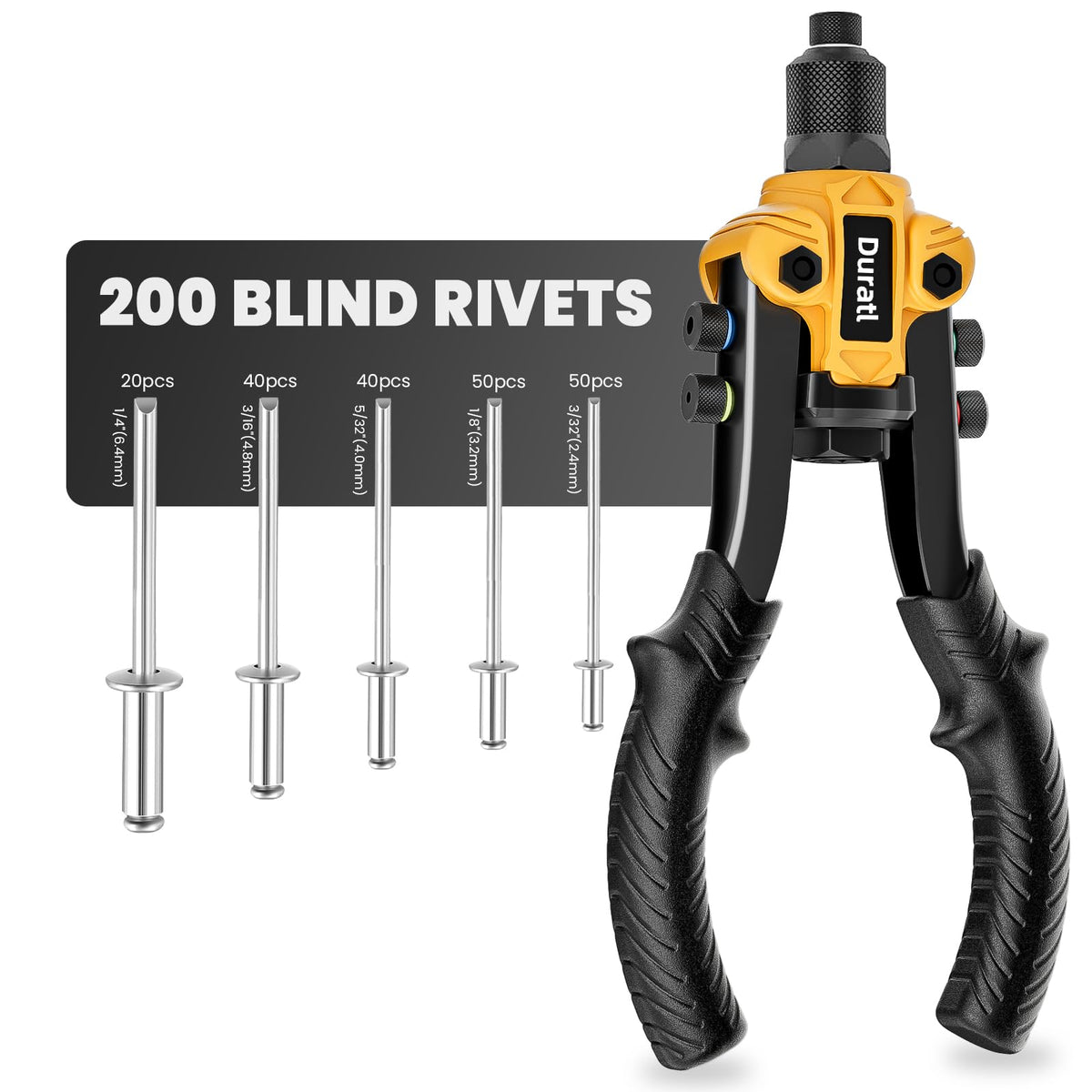 Duratl rivet gun with 10-inch leverage for easy rivet setting.