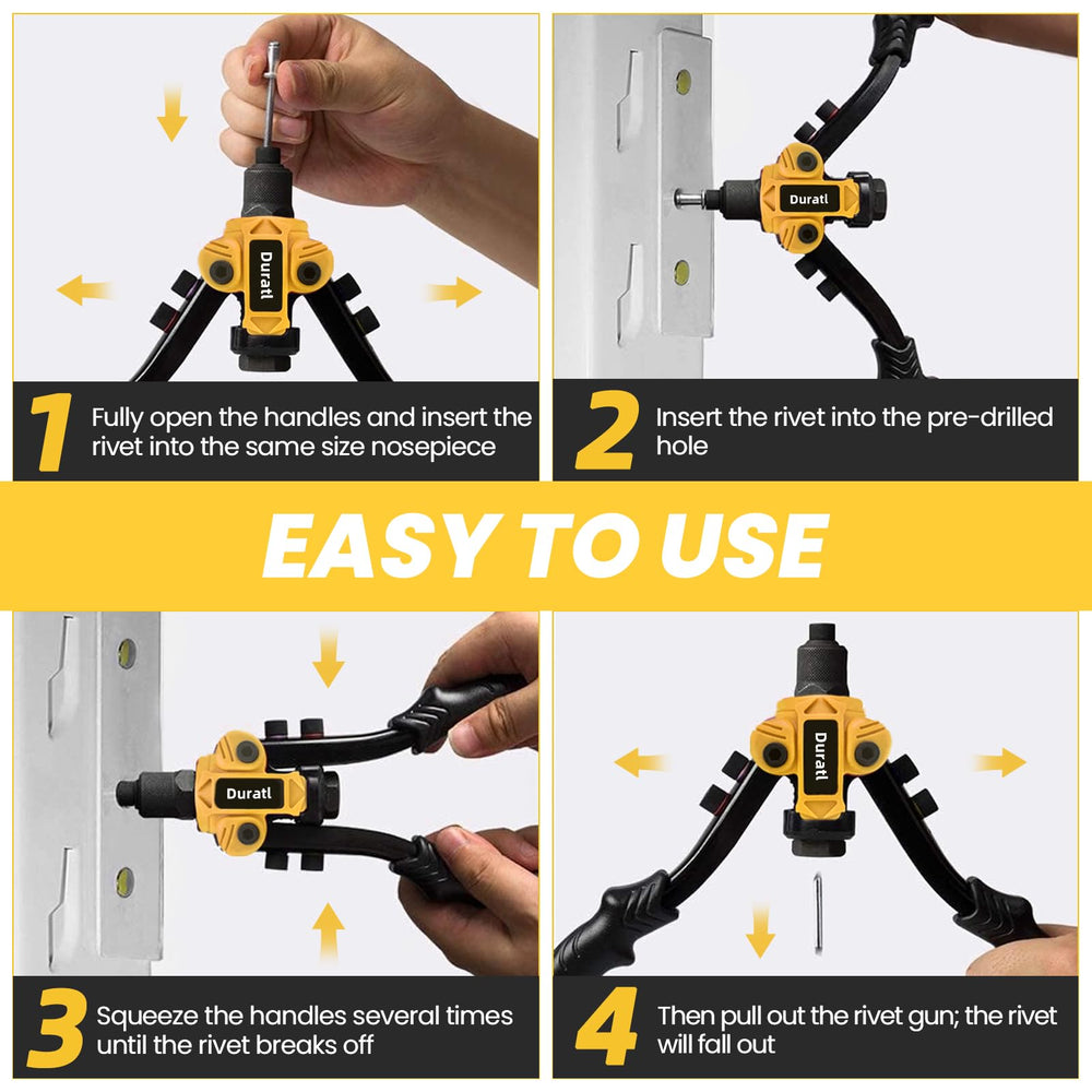Duratl rivet gun suitable for metalworking, gutters, and automotive work.