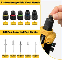 Duratl five interchangeable heads for versatile rivet sizing.