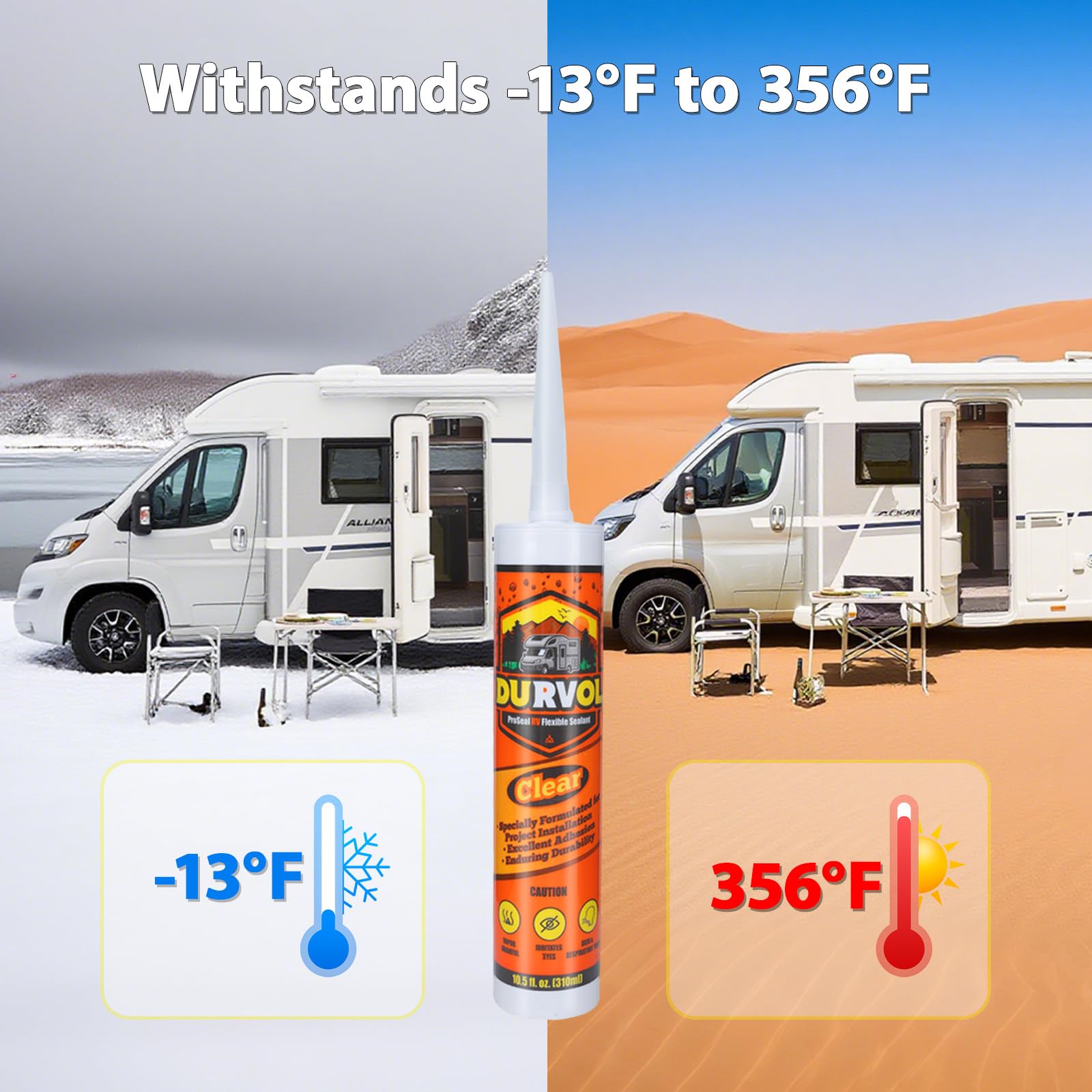 Durvol RV Clear Sealant bonds to metal and fiberglass for rugged outdoor use.