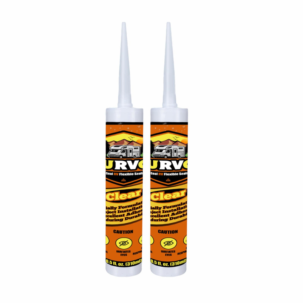 Durvol RV Clear Sealant bottle pour demonstrates strong adhesion for outdoor RV sealing.