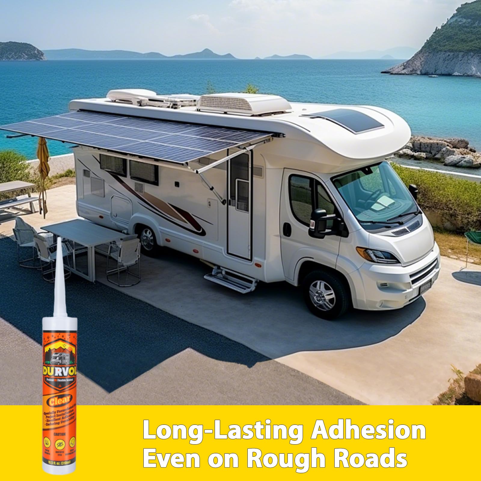 Durvol RV Clear Sealant weather-proof seal resists rain and moisture for outdoor storage.