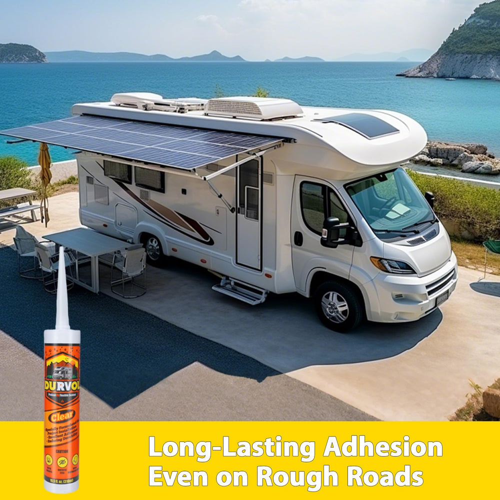 Durvol RV Clear Sealant weather-proof seal resists rain and moisture for outdoor storage.