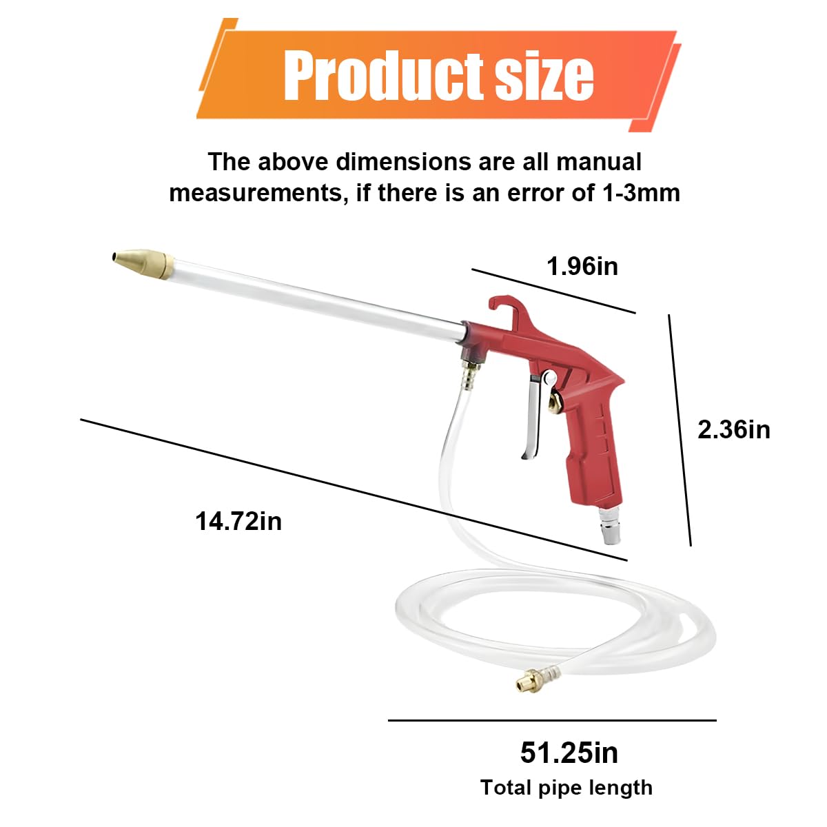 DUSCOKE spray gun shows 4ft hose for reaching hard-to-clean components.