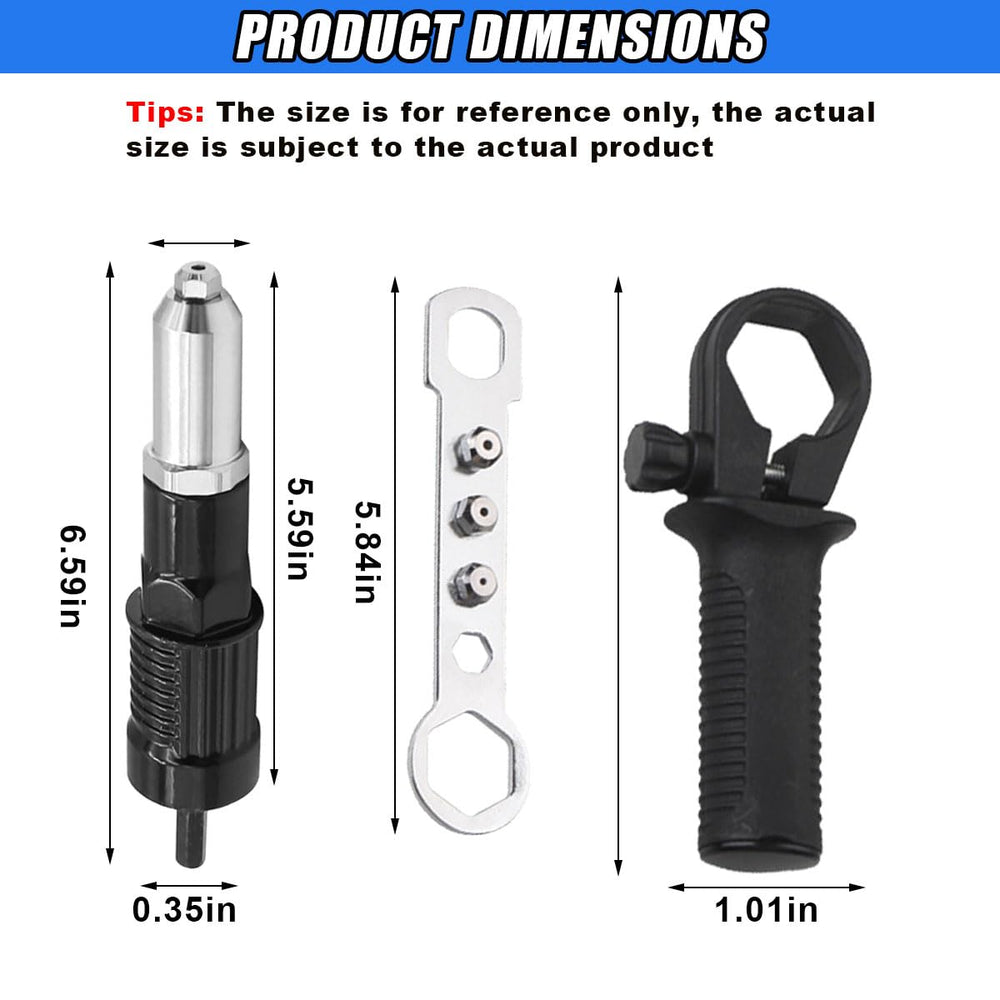 DUSCOKE rivet gun adapter connects quickly to a cordless drill for fast rivets.