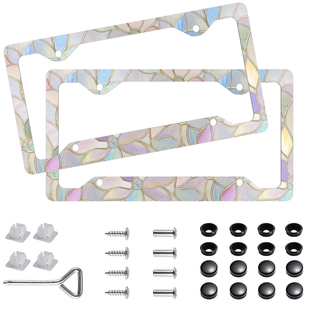 DWAPFMN stained glass floral license frame enhances curb appeal.