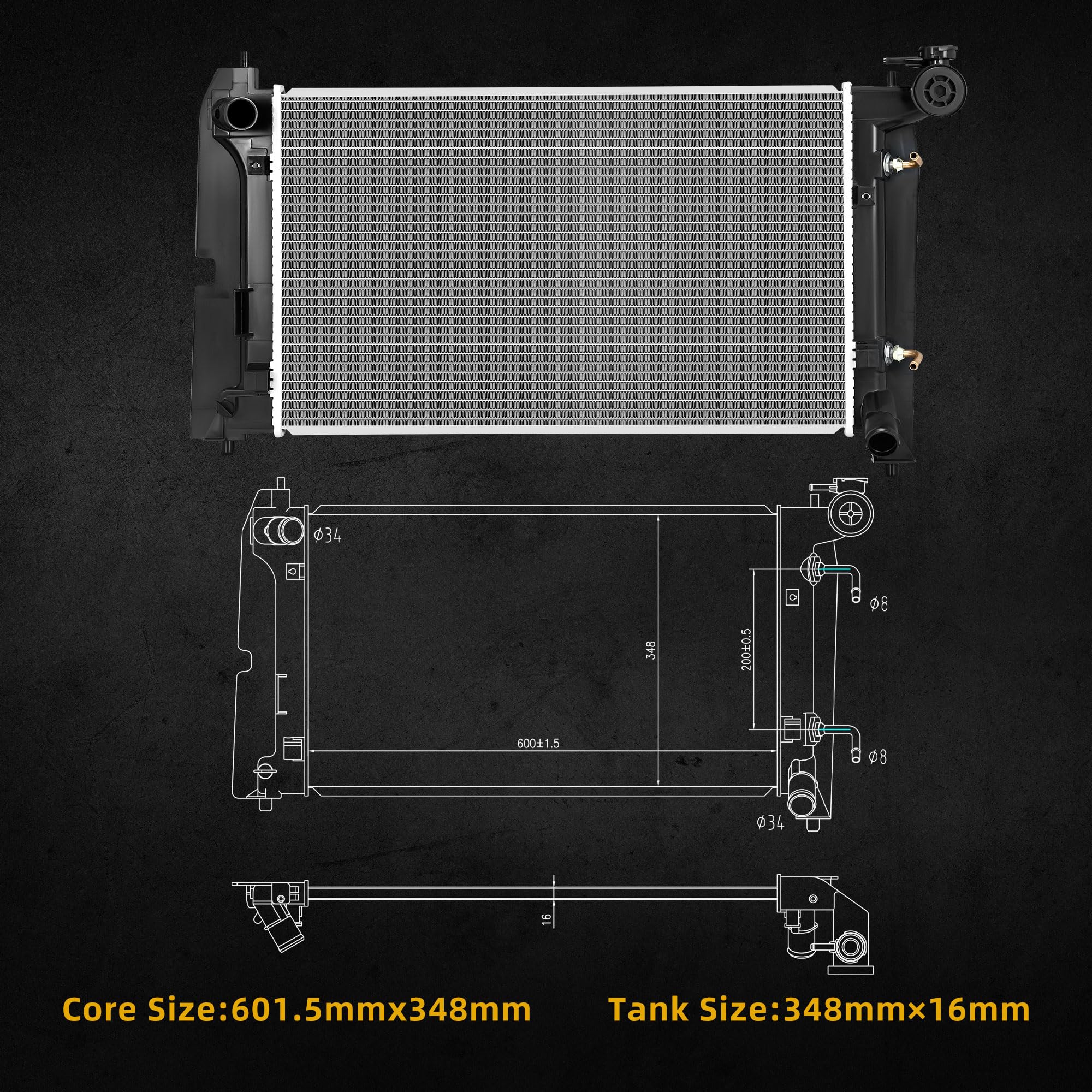 DWVO radiator with brass oil cooler inline view supports transmission cooling.
