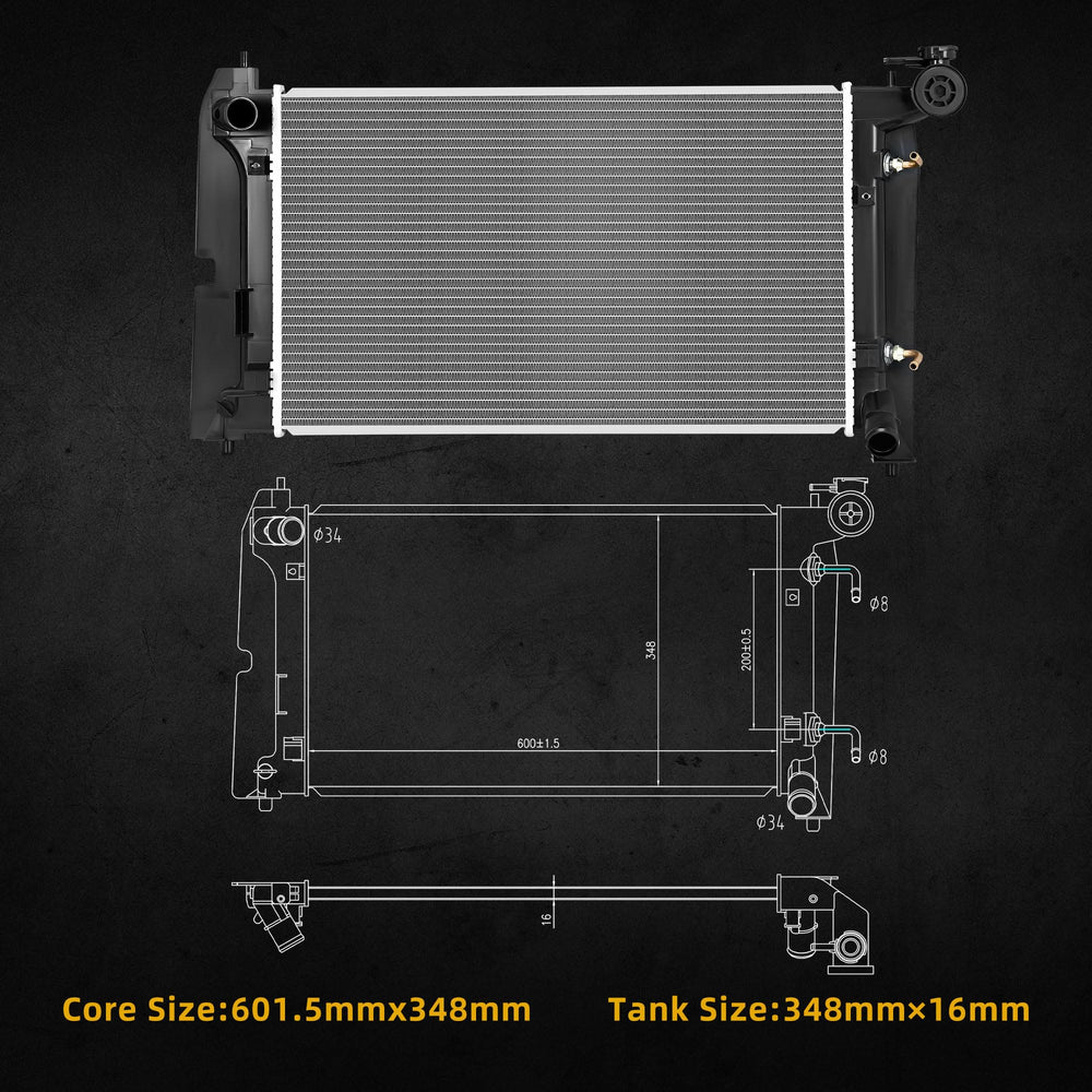 DWVO radiator with brass oil cooler inline view supports transmission cooling.