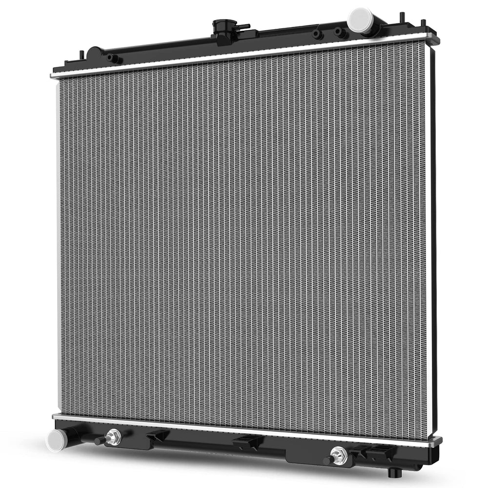 DWVO radiator complete for Pathfinder, Frontier, Xterra, and Equator, ready for installation and driving scenarios.