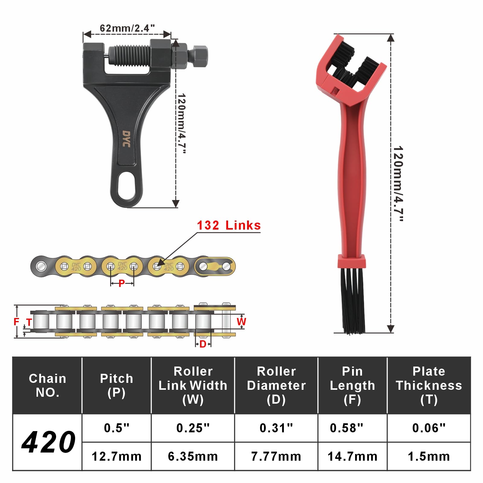 Chain breaker tool included for clean length adjustments on the DYC kit.