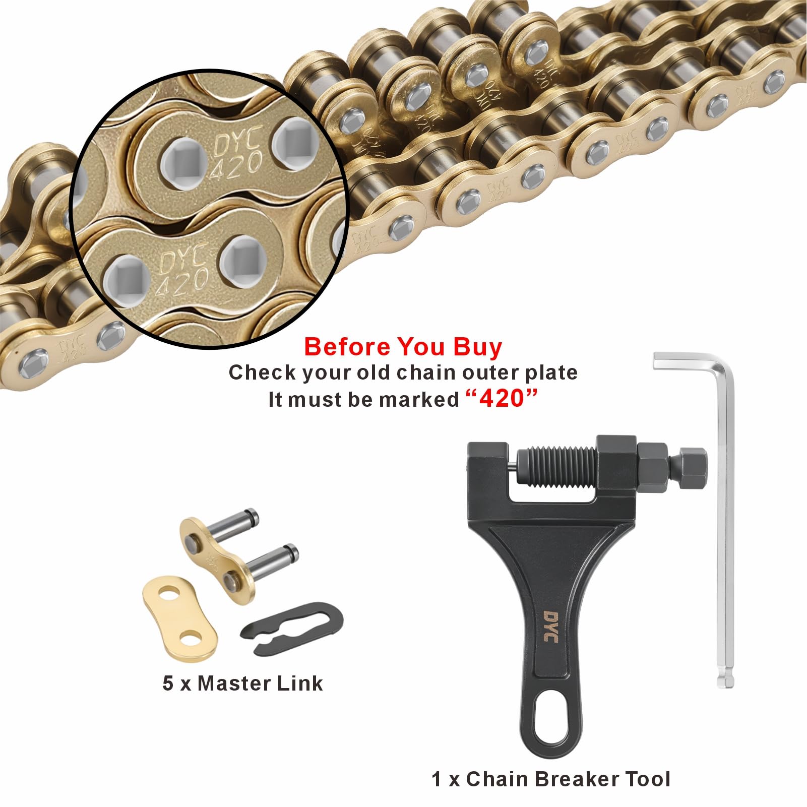 DYCTAHO chain breaker tool shown for quick installation and adjustments.