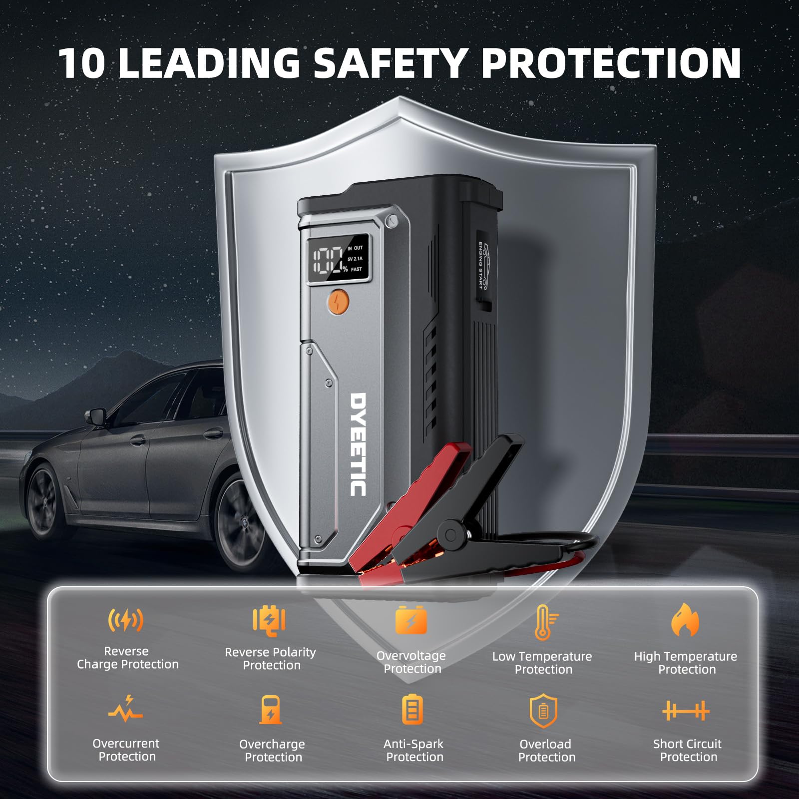 Dyeetic Jump Starter 5000A carrying case facilitates easy trunk storage