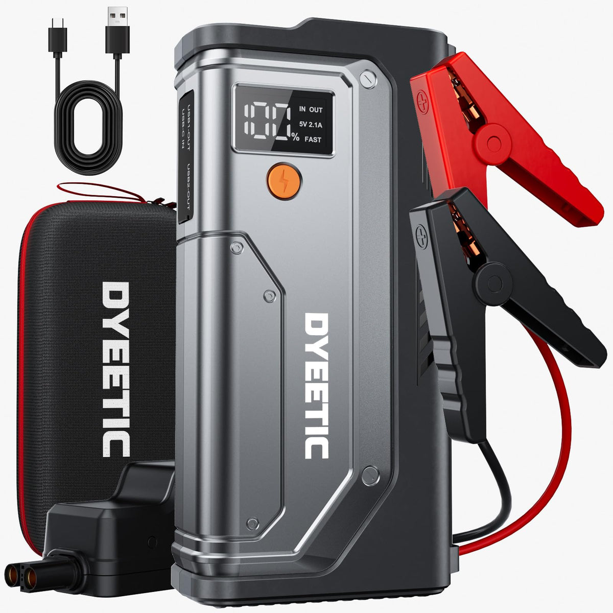 Dyeetic Jump Starter 5000A front view, compact roadside booster ready for emergencies