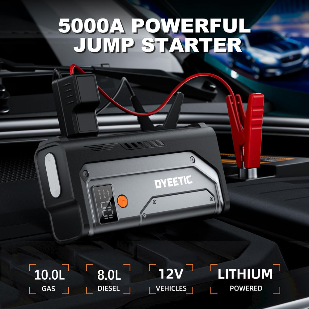 Dyeetic Jump Starter 5000A side view highlights rugged clamps for safe boosts