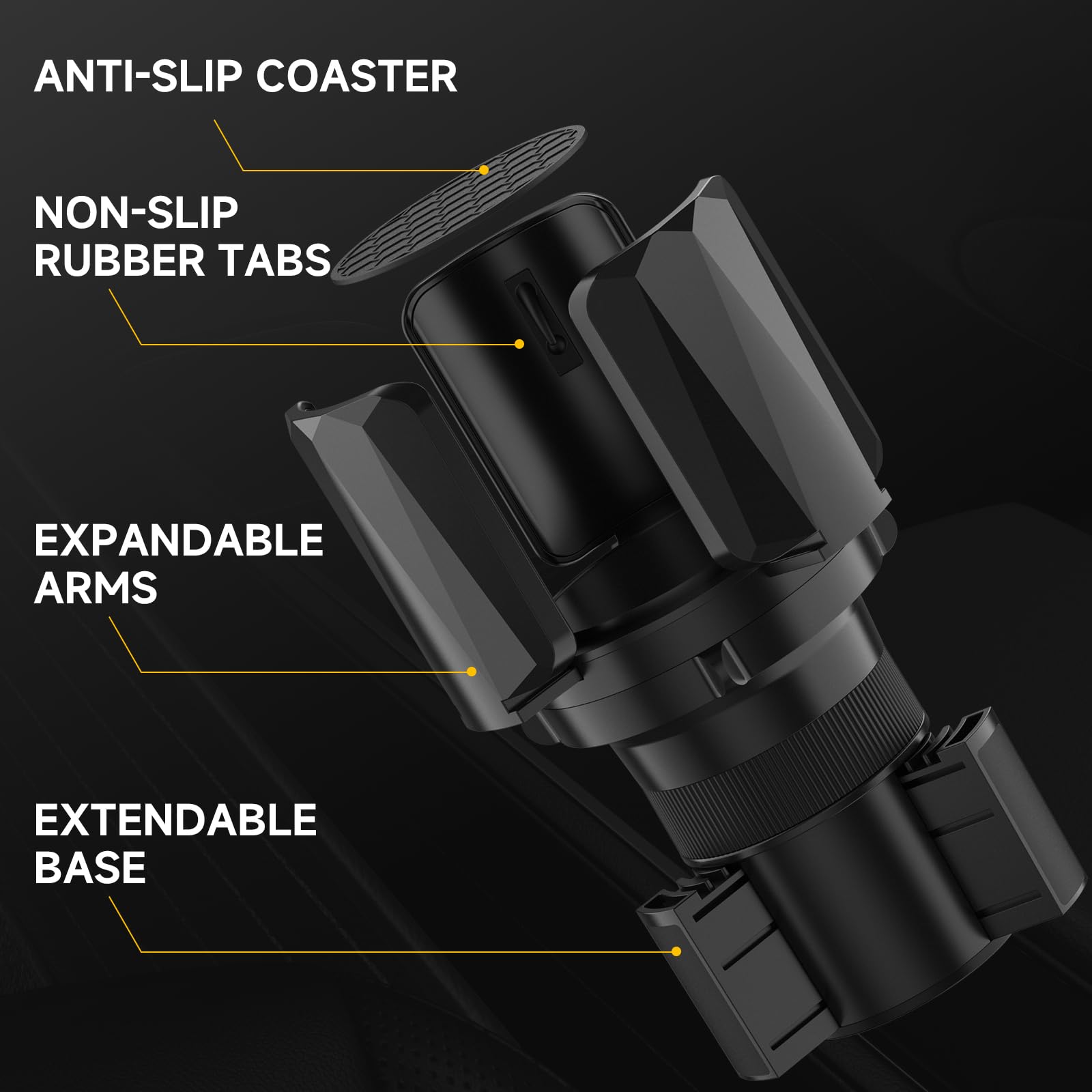 DYLEN expandable base shown to fit a variety of car cup holders