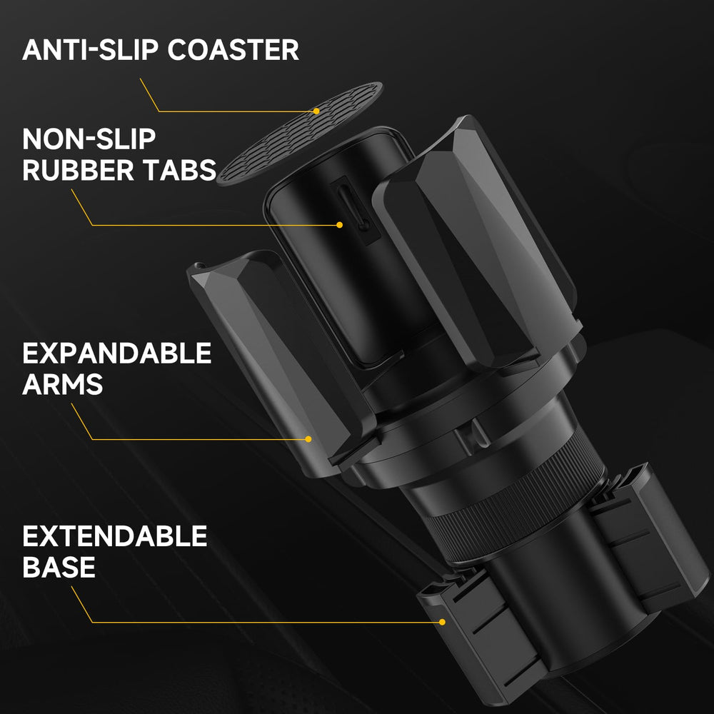 DYLEN expandable base shown to fit a variety of car cup holders