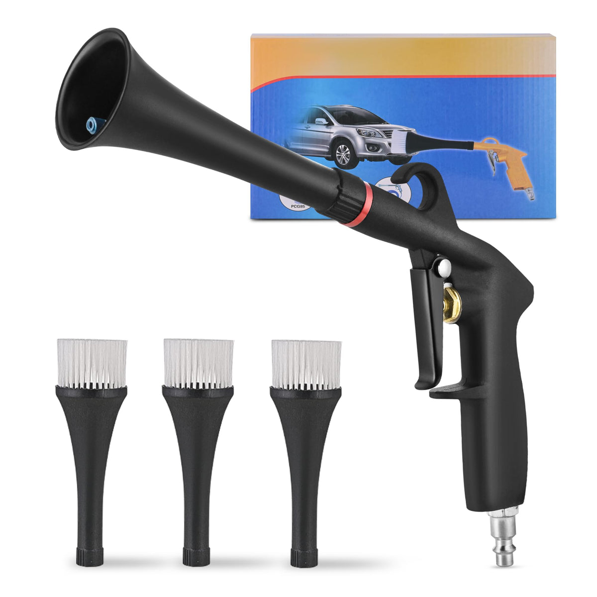 Dynaiency blow gun nozzle blasts dust from car surfaces for fast cleaning.