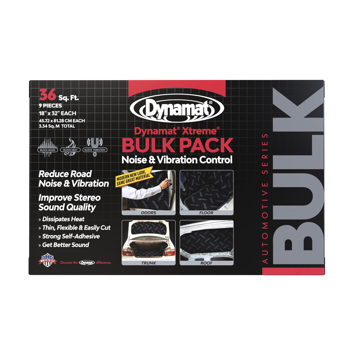Dynamat Xtreme bulk pack contents for car sound dampening and easy DIY setup.