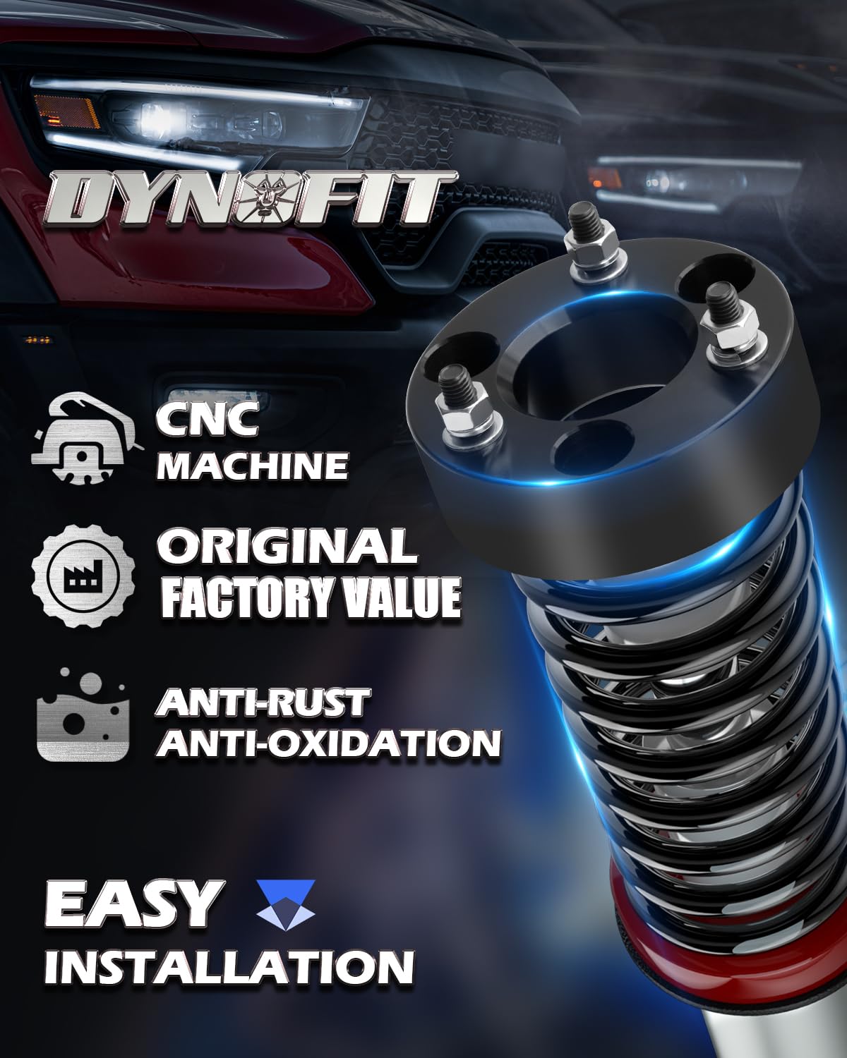 Dynofit 2in leveling kit billet aluminum closeup shows precision CNC-machining