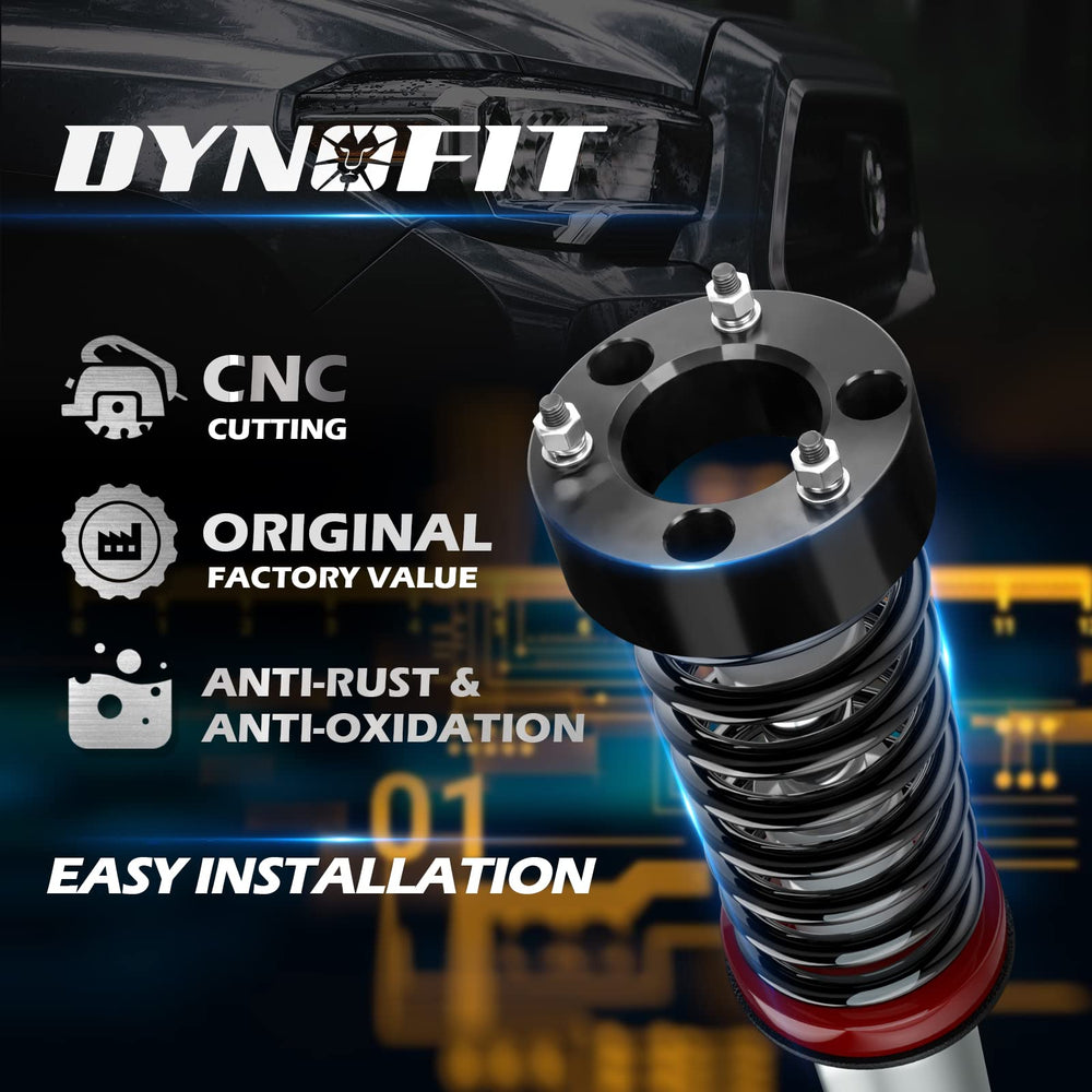Dynofit front spacer detail shows forged aluminum construction and black anodized finish.