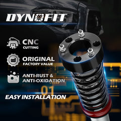 Dynofit front spacer detail shows forged aluminum construction and black anodized finish.