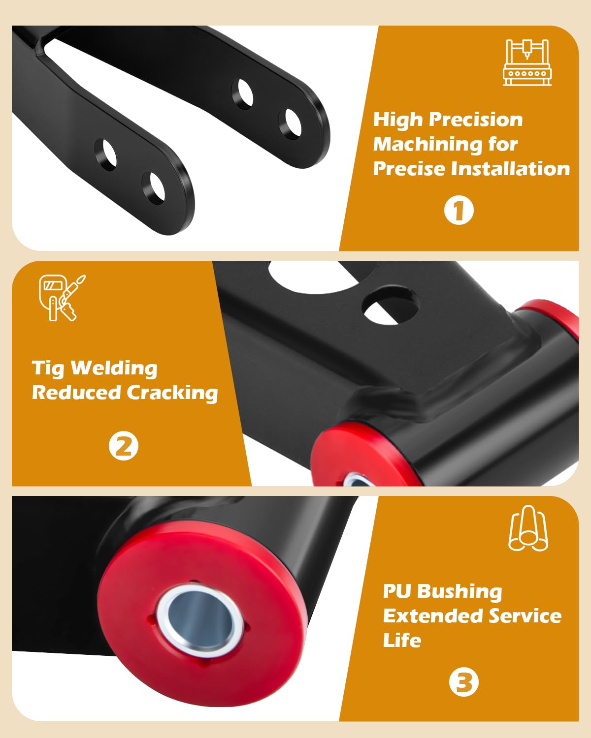 Dynofit 410520 rear shackle set close-up shows durable components and precise fit.