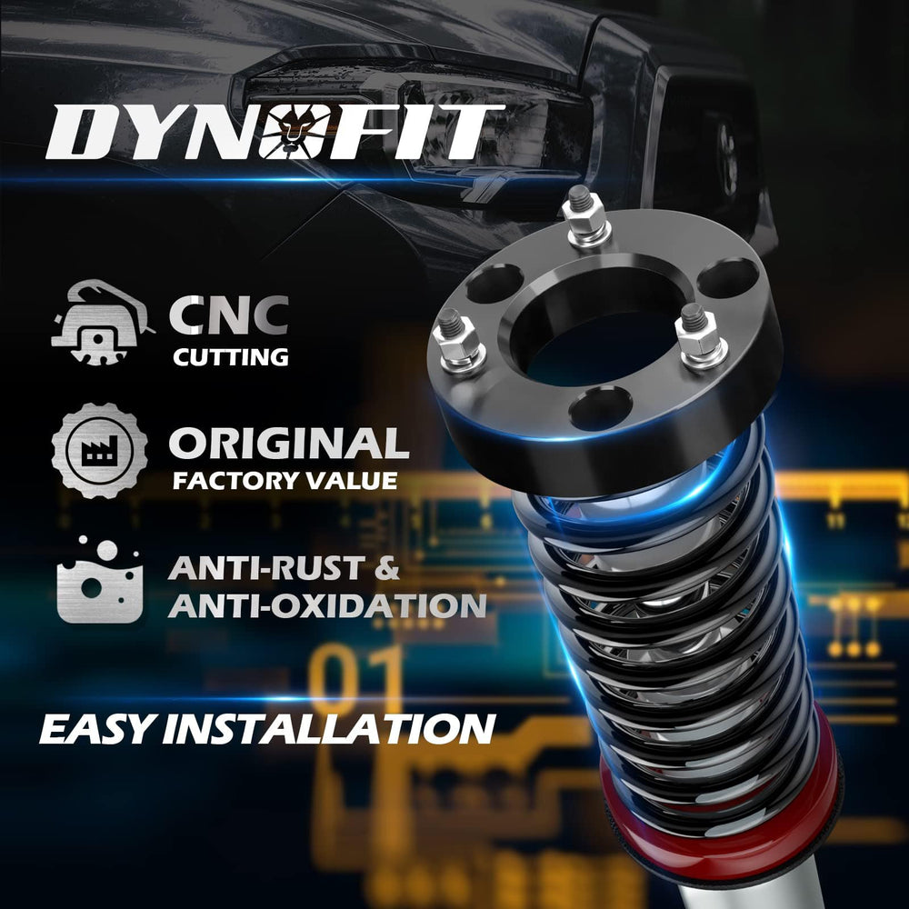 Dynofit billet aluminum leveling spacers for durable lift and OEM-fit precision.