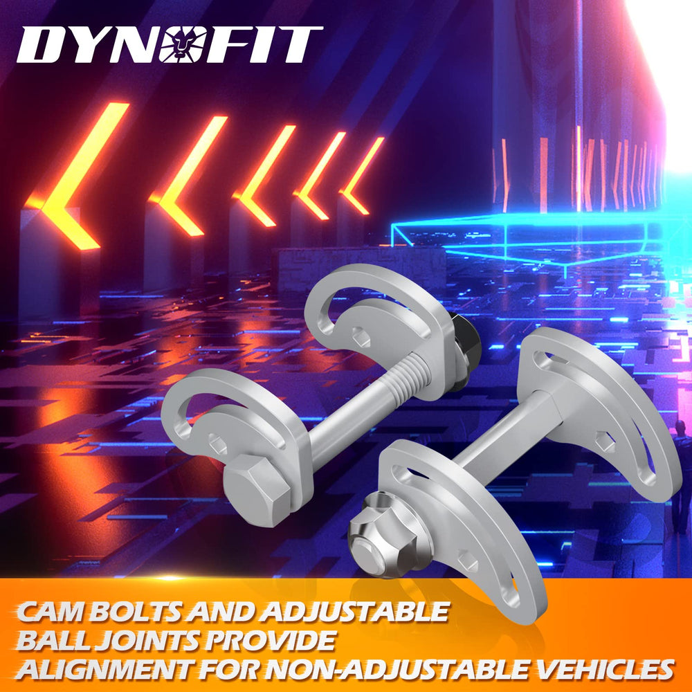 Dynofit camber bolts and cams highlight components for precise alignment.