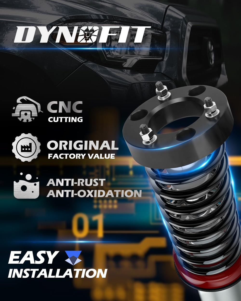 Dynofit F150 2-in lift installed on front struts for enhanced off-road clearance.