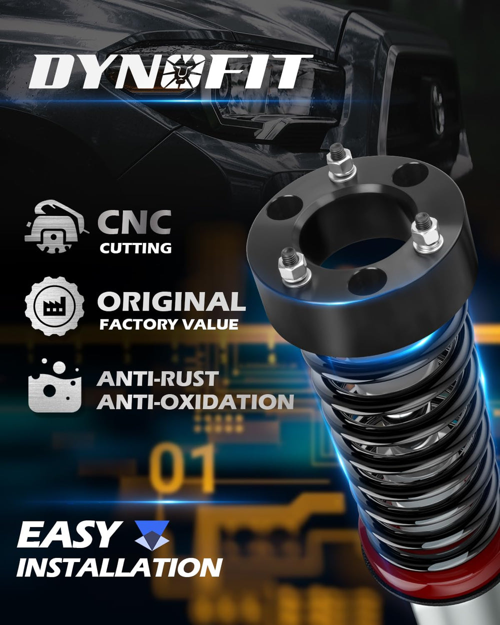 Dynofit leveling kit side view shows 3-inch raise and enhanced stance