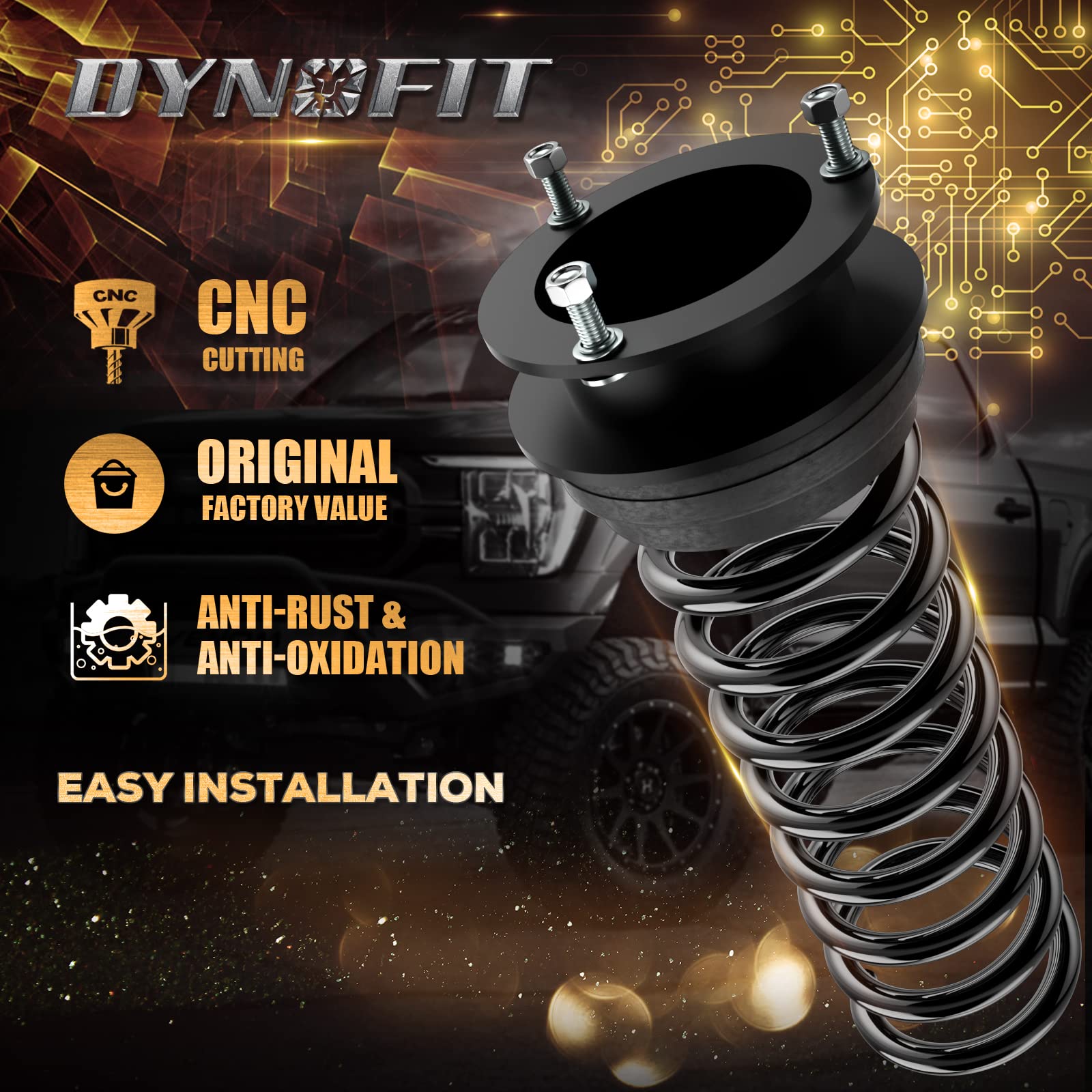 Dynofit front lift kit showing square bolts and welded joints for secure fit