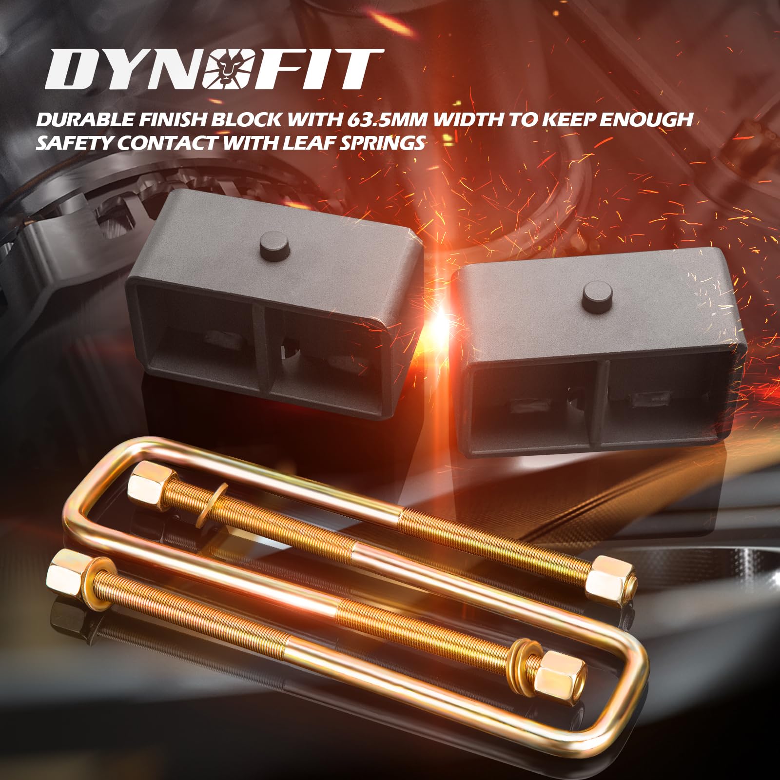 Dynofit square leaf spring U-bolt kit closeup with extended bolts.