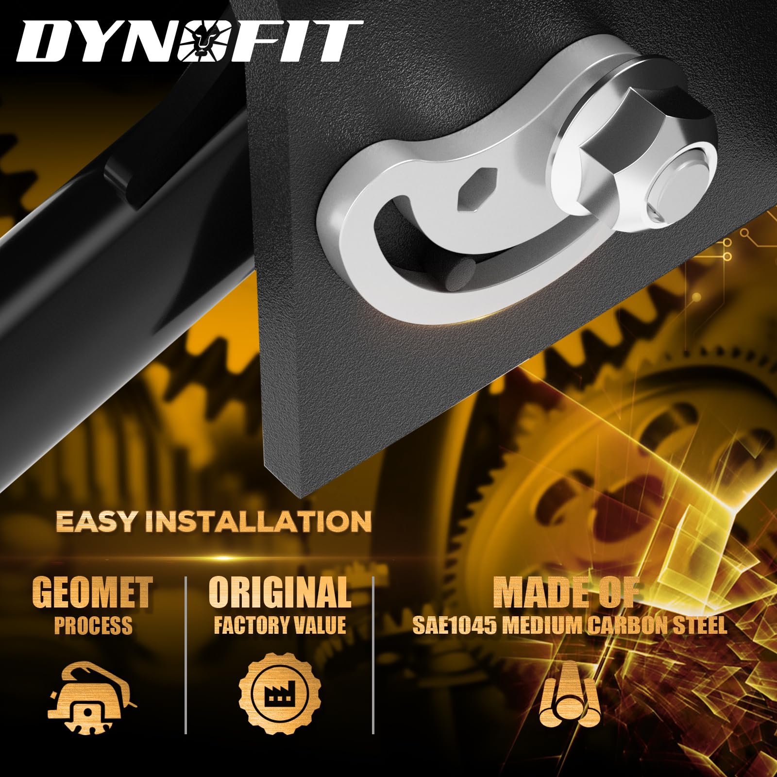 Dynofit upper-control-arm bolts close-up shows sturdy hardware.