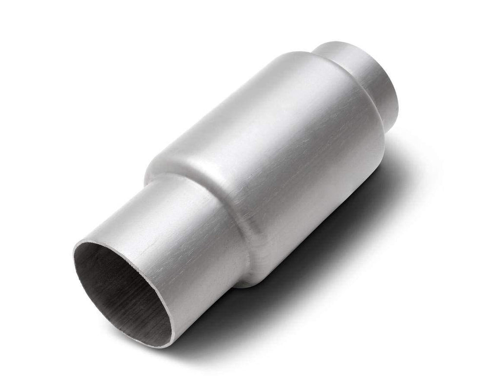 Dynomax Race Bullet 24250 exhaust resonator showing durable welded construction and deep race tone