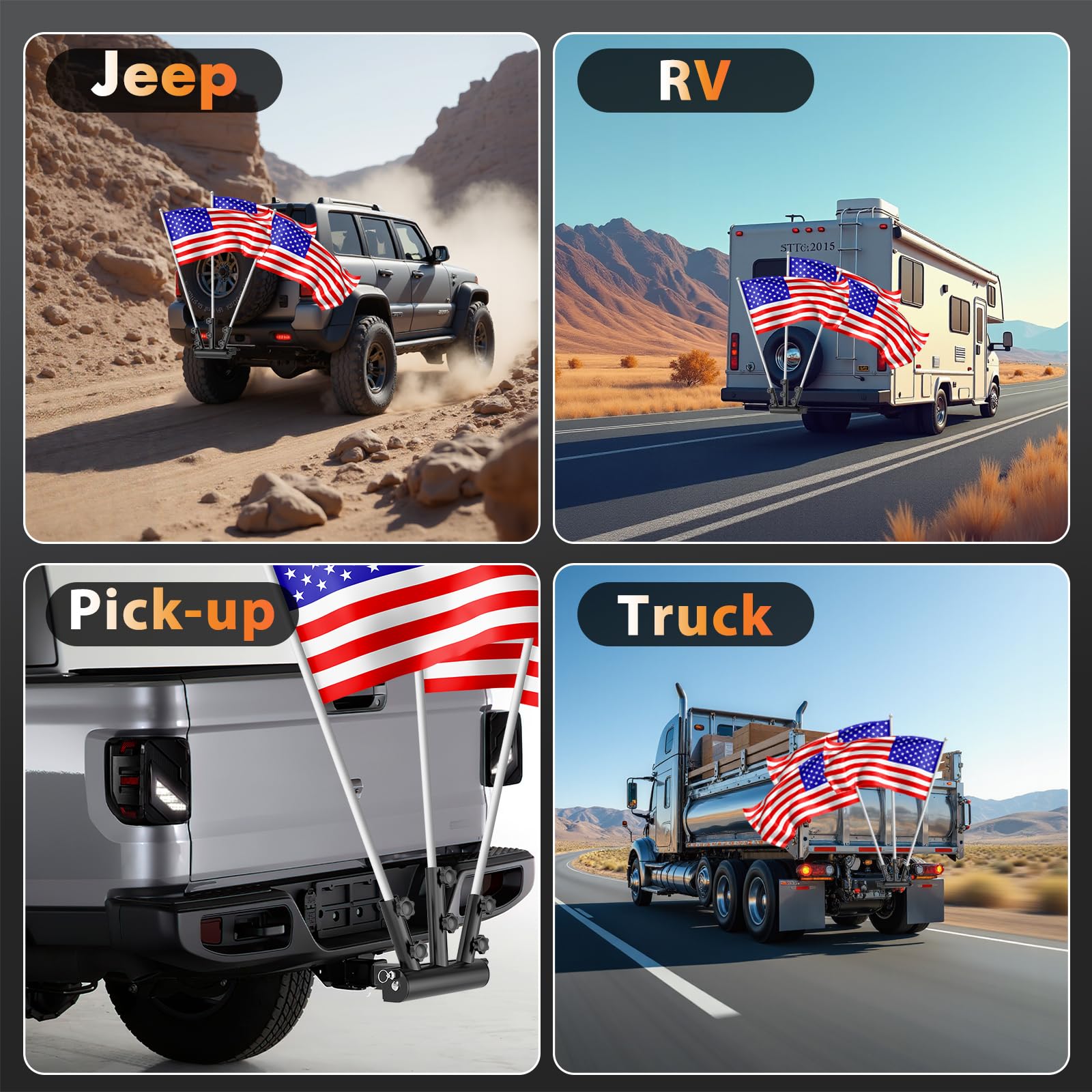 DZGKGM three-flag display, ideal for parades, camping, and tailgates.