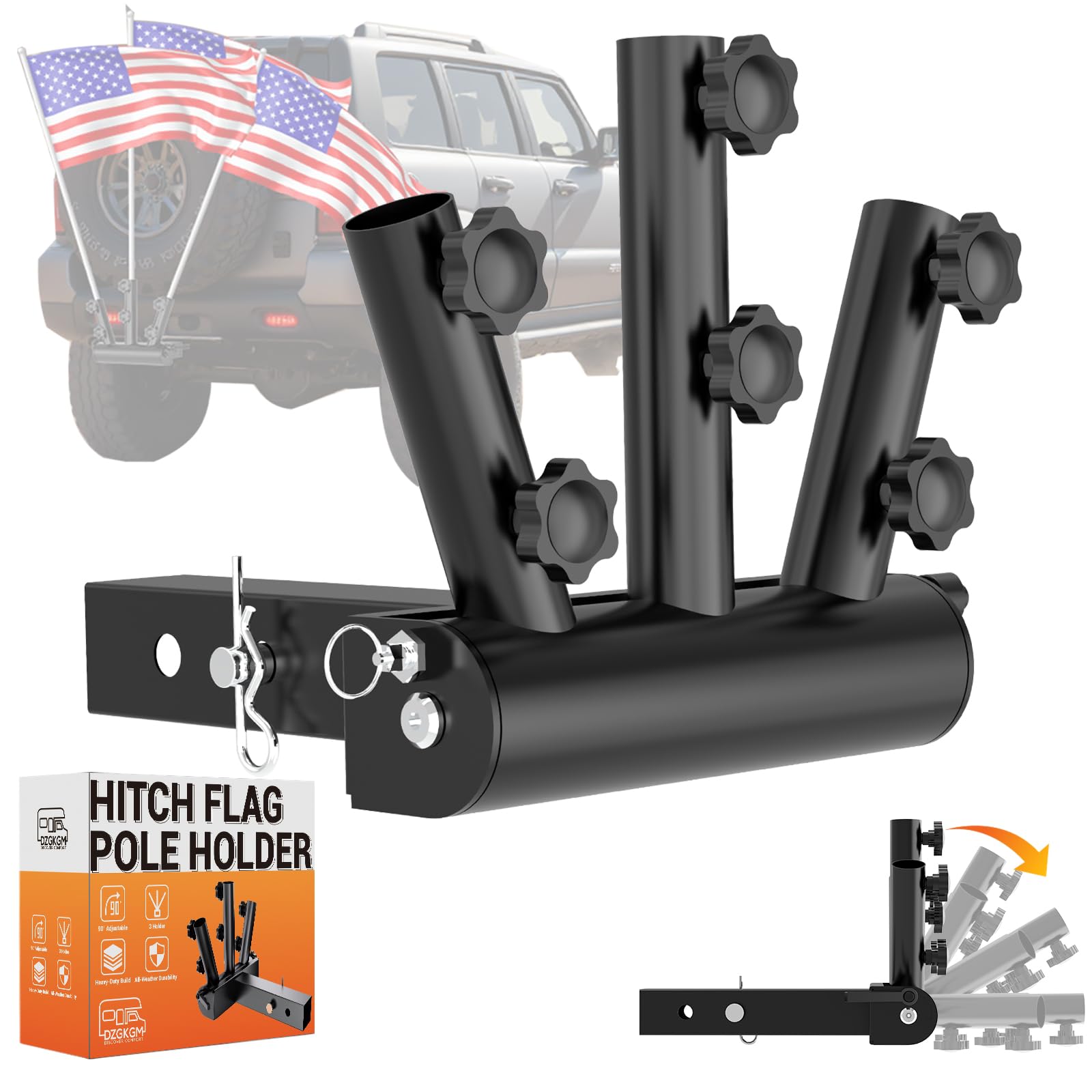DZGKGM triple flag pole holder, 90-degree angle, improves roadside visibility for flags.