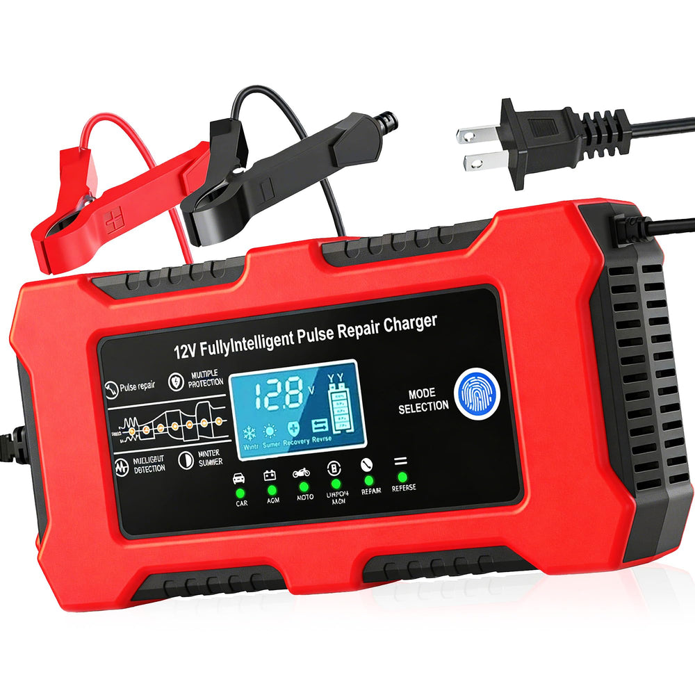 DZPIMROI 12V-10A battery charger front view highlighting compact, versatile maintenance.