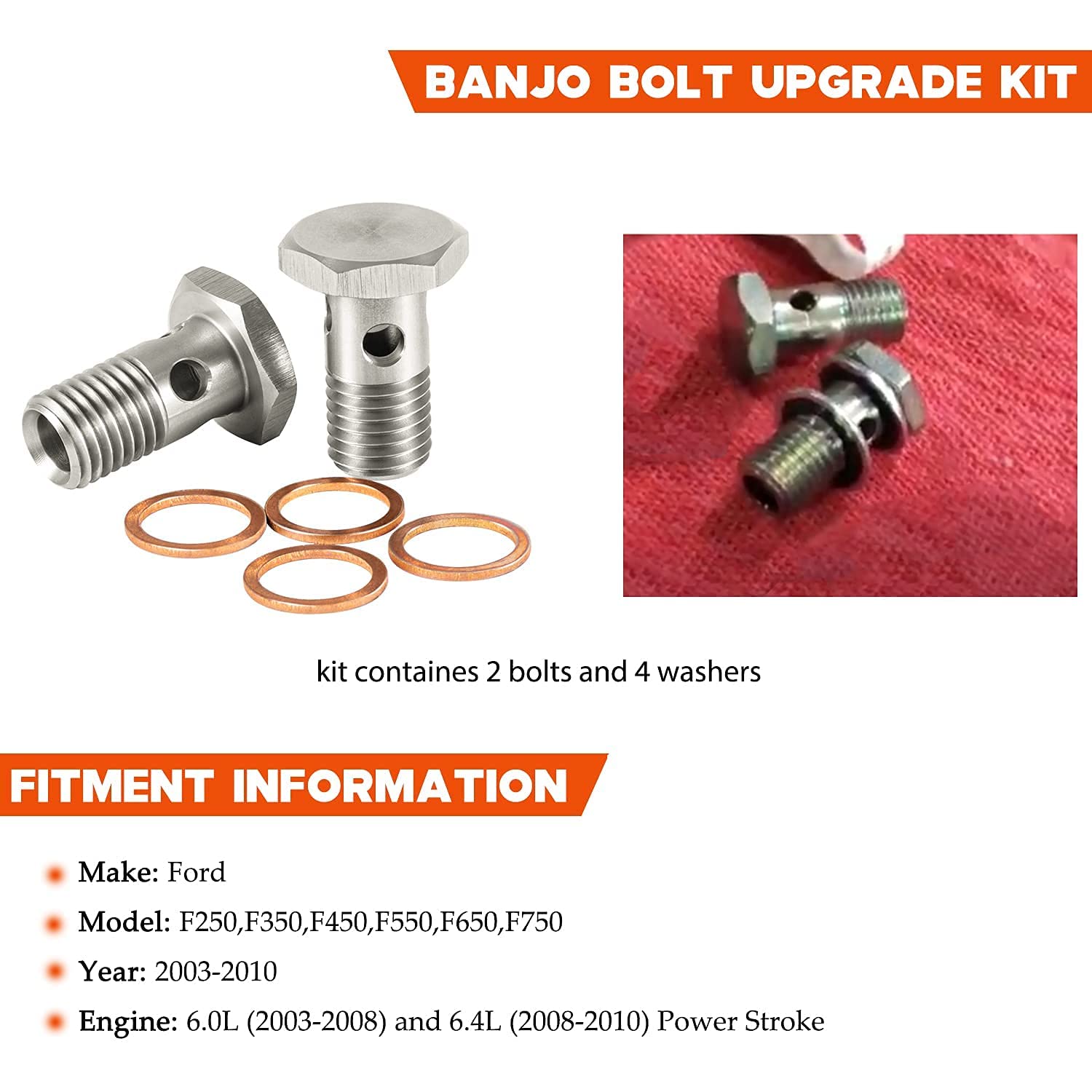 E-cowlboy banjo bolt set with washers highlights copper seals for high-flow reliability.