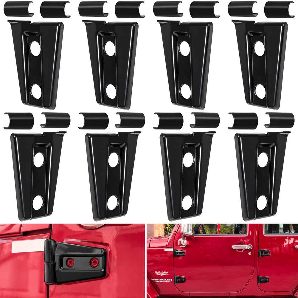 E-cowlboy door hinge cover on Wrangler JK front view for rust protection and style boost.