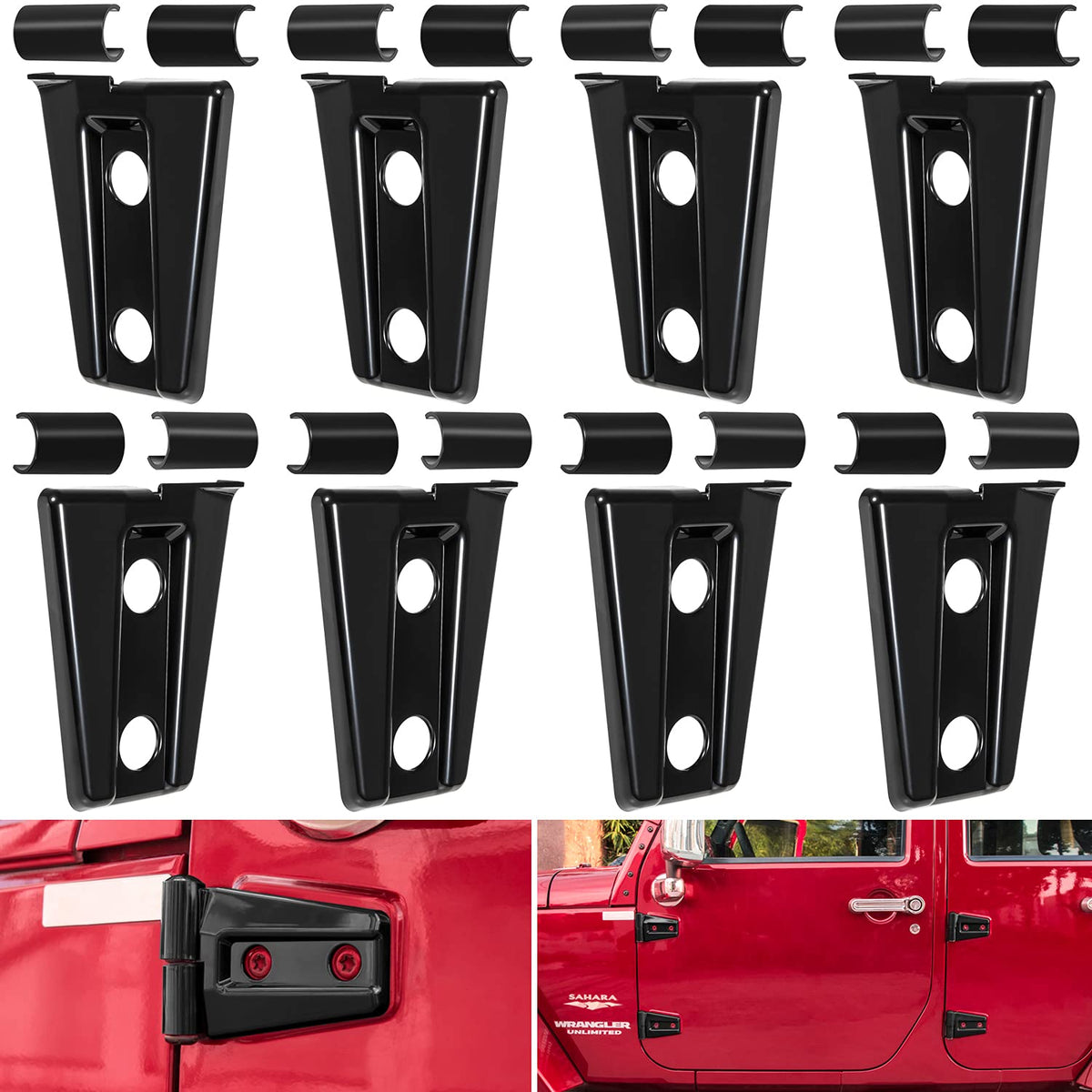 E-cowlboy door hinge cover on Wrangler JK front view for rust protection and style boost.