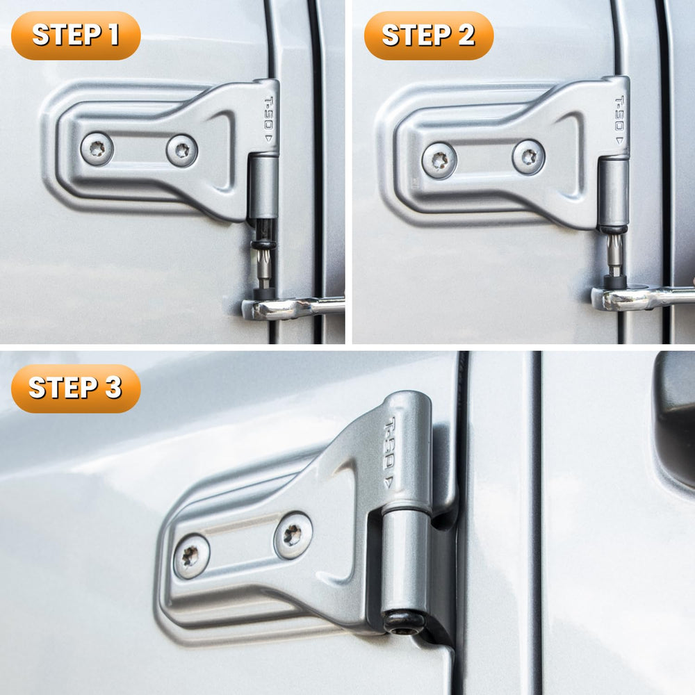 E-cowlboy hinge nuts installed on a Jeep Wrangler for smooth operation