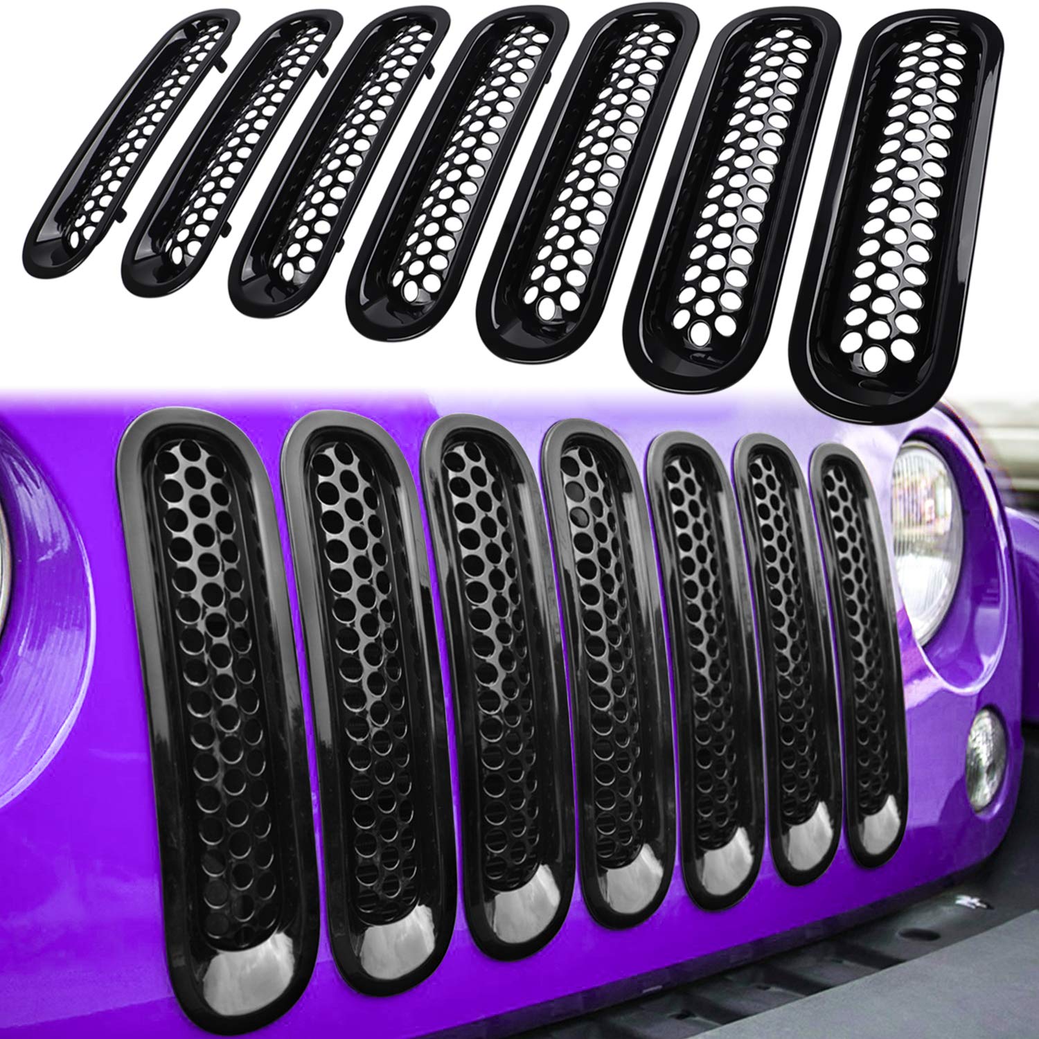 E-cowlboy front grill mesh inserts for Jeep Wrangler JK/JKU enhance style and airflow.